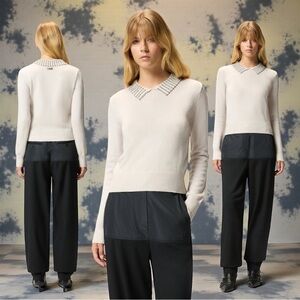 Pinko Women’s Ventotene Maglia Wool Blend Sweater With Rhinestone Collar Size S